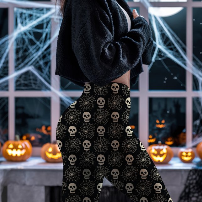 Black Halloween Skull och Spindelnät Mönster Leggings (Skapare uppladdad)