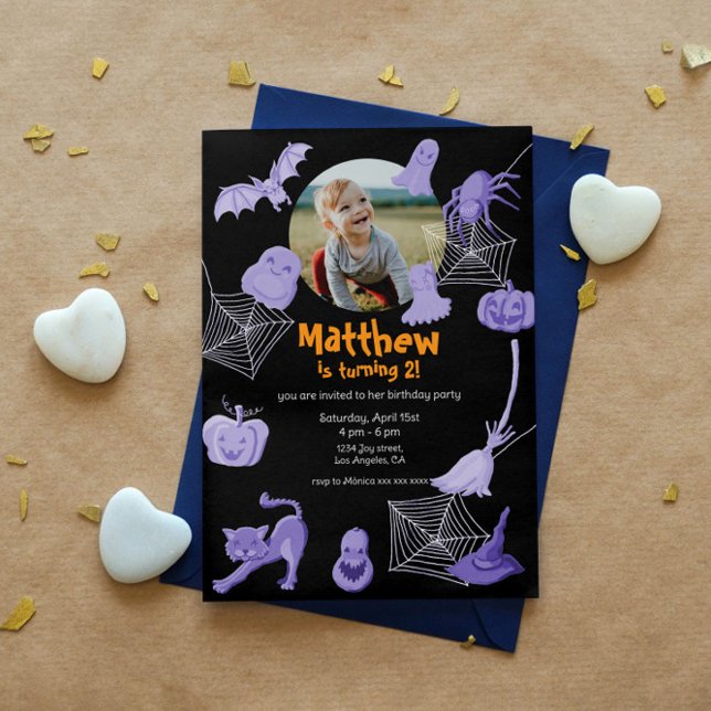 Black Halloween-themed födelsedagsfest inbjudan (Birthday party invitation with Halloween theme, customizable with photo and editable text.)