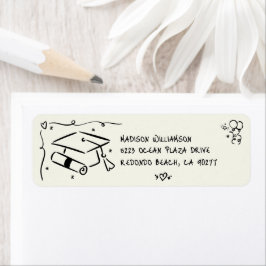 Black Hand Drawn Doodle Graduate Cap Cream Address Returadress Etikett