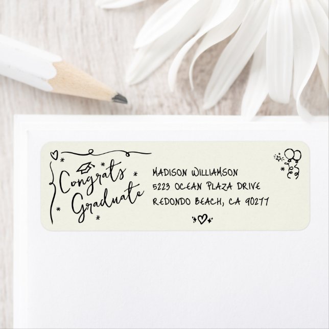 Black Hand Drawn Doodle Graduation Cream Address Returadress Etikett (Insitu)
