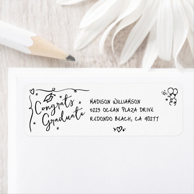 Black Hand Drawn Doodle Graduation White Address Returadress Etikett (Insitu)