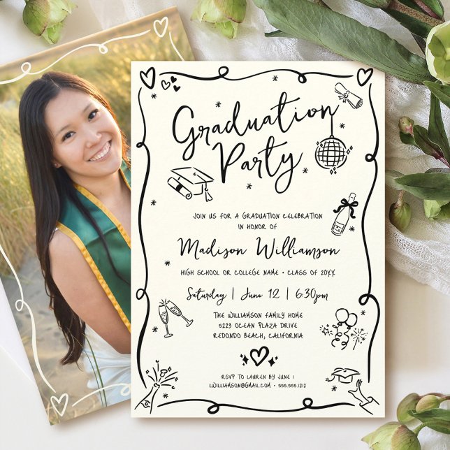 Black Hand Drawn Doodle Photo Graduate Party Cream Inbjudningar (Skapare uppladdad)