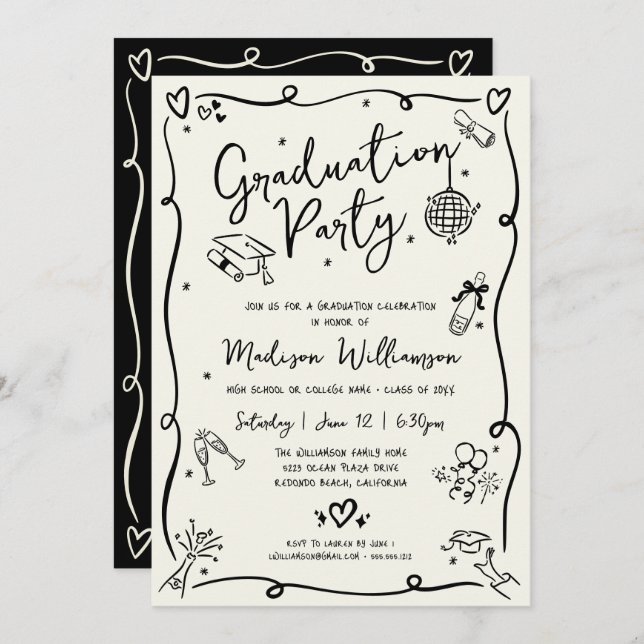 Black Hand Drawn Doodles Graduation Party Cream Inbjudningar (Fram/baksida)