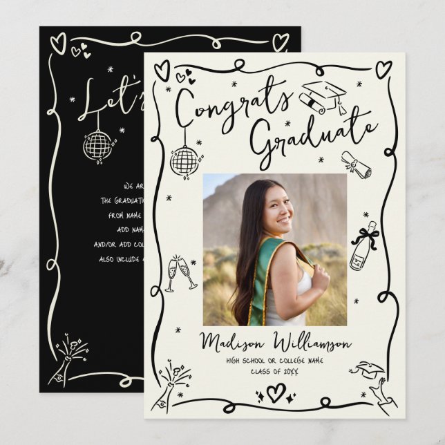 Black Hand Drawn Doodles Graduation Photo Cream Meddelande (Fram/baksida)