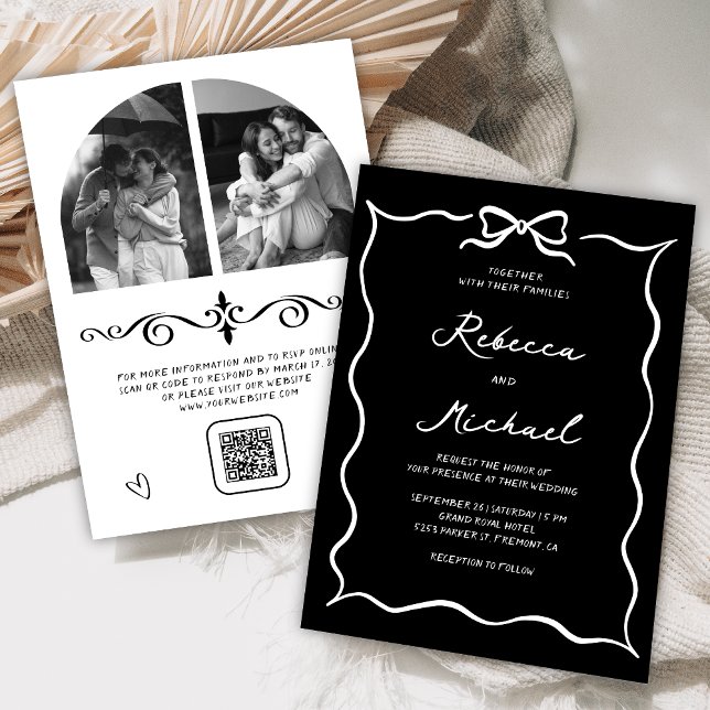 Black Hand Drawn White Bow QR Code Photo Wedding Inbjudningar (Skapare uppladdad)