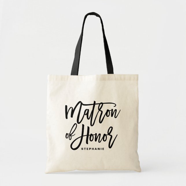 Black Hand Lettering Matron of Honor Tote Bag Tygkasse (Framsidan)