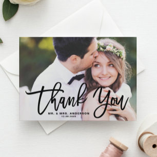 Black Hand Lettering Modern Photo Bröllop Tack Kort