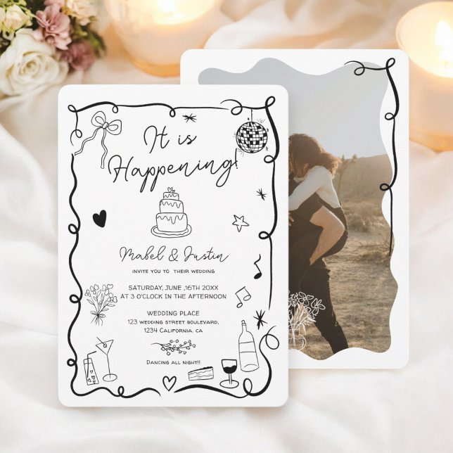 Black hand plockade illustrerade fotot bröllop inbjudningar (Black hand drawn illustrated photo wedding invitation)