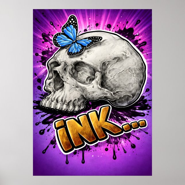 BLÄCK… Handritad dödskalle med fjäril Poster (Framsidan)