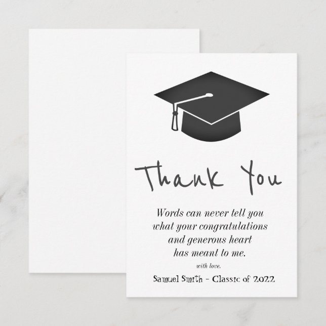 Black Handwrite Cap och Tassel Studenten Tack Kort (Fram/baksida)