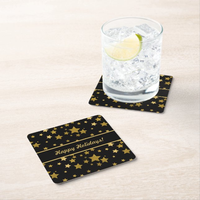 Black Happy Holidays Coaster with Golden Stars Underlägg Papper Kvadrat (Insitu)