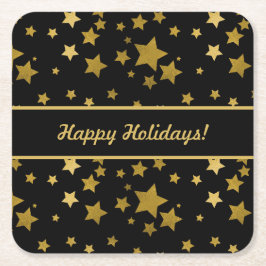 Black Happy Holidays Coaster with Golden Stars Underlägg Papper Kvadrat