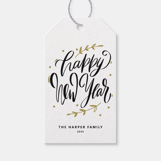 Black Happy New Year Modern Calligraphy Wreath Presentetikett (Framsidan)