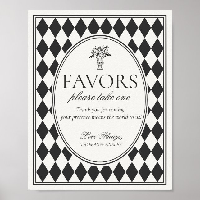 Black Harlequin Checkered Wedding Favors Sign Poster (Framsidan)