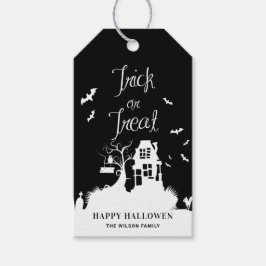 Black Haunted House Bus eller godis Halloween Presentetikett