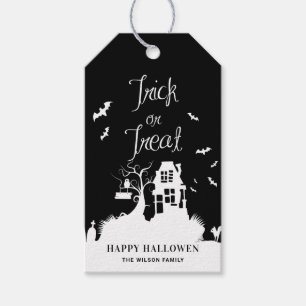 Black Haunted House Bus eller godis Halloween Presentetikett