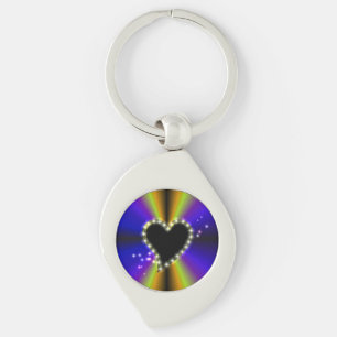 Black Heart med stjärnor på lila gult Rainbow Swirl Silverfärgad Nyckelring