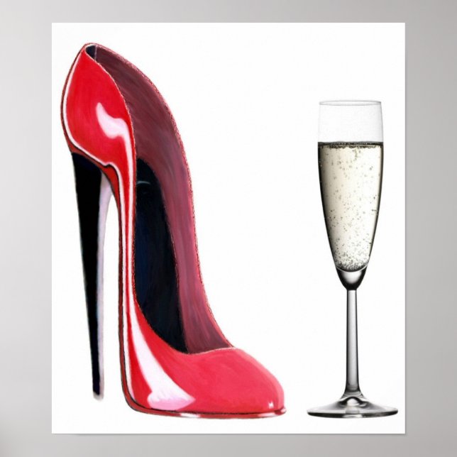 Black Heel Red Stiletto Shoe and Champagne Print Poster (Framsidan)