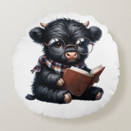 Black Highland Cow Reading A Book Rund Kudde