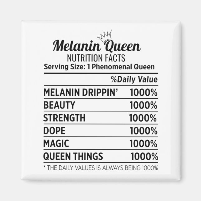 Black History Melanin Queen Nutrition Facts Magnet (Framsidan)