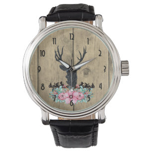 Black Hjort Head w/ Rosa Flowers & Mountains Armbandsur