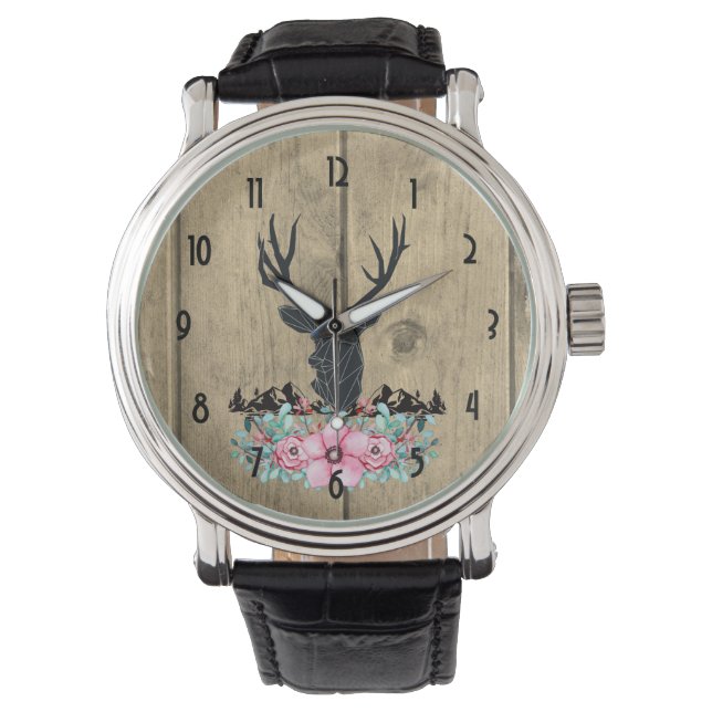 Black Hjort Head w/ Rosa Flowers & Mountains Armbandsur (Framsida)