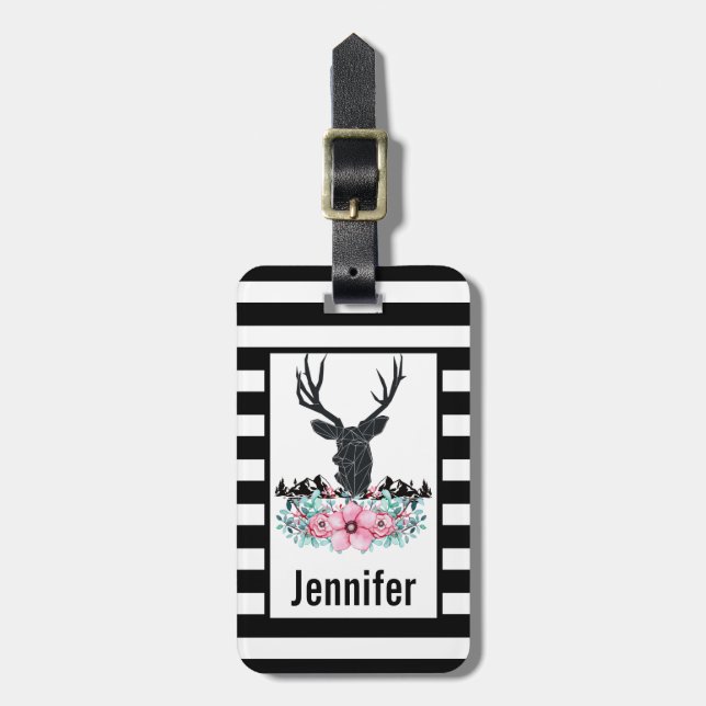 Black Hjort Head w/ Rosa Flowers & Mountains Bagagebricka (Vertikal Framsida)