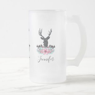 Black Hjort Head w/ Rosa Flowers & Mountains Frostat Ölglas
