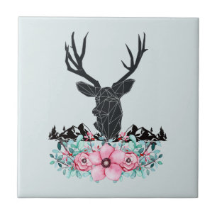 Black Hjort Head w/ Rosa Flowers & Mountains Kakelplatta