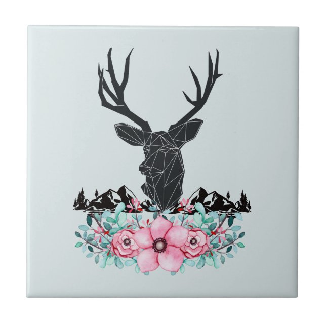 Black Hjort Head w/ Rosa Flowers & Mountains Kakelplatta (Framsidan)