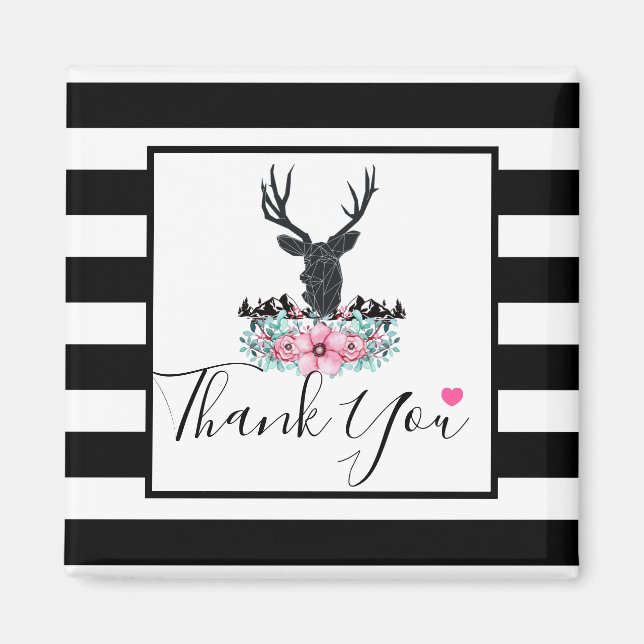 Black Hjort Head w/ Rosa Flowers & Mountains Magnet (Framsidan)