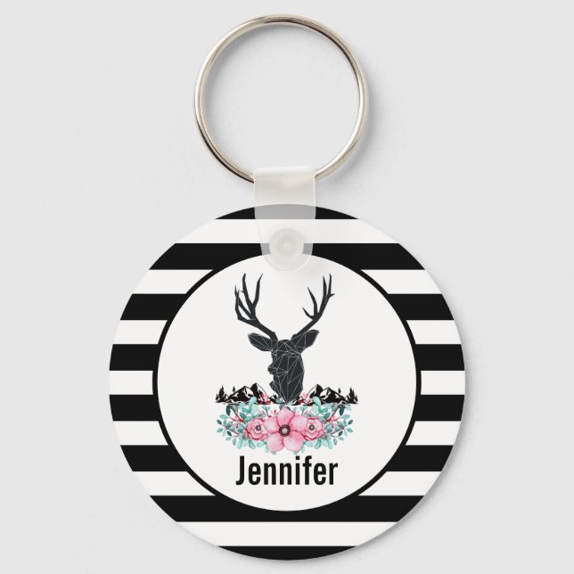 Black Hjort Head w/ Rosa Flowers & Mountains Nyckelring (Framsida)