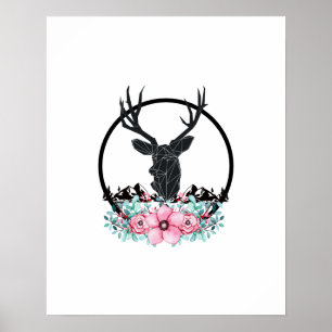Black Hjort Head w/ Rosa Flowers & Mountains Poster