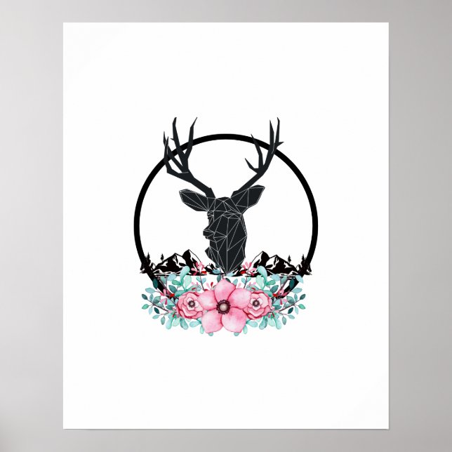 Black Hjort Head w/ Rosa Flowers & Mountains Poster (Framsidan)