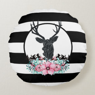 Black Hjort Head w/ Rosa Flowers & Mountains Rund Kudde