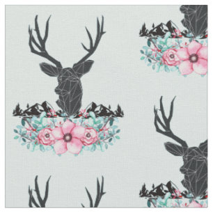 Black Hjort Head w/ Rosa Flowers & Mountains Tyg