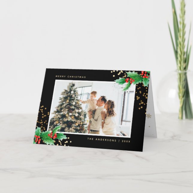 Black Holly Berries Photo God jul Card Helgkort (Framsida)