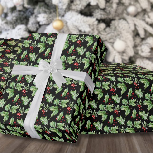 Black Holly-jul Presentpapper (Festive Black Holly Berries Christmas Wrapping Paper)