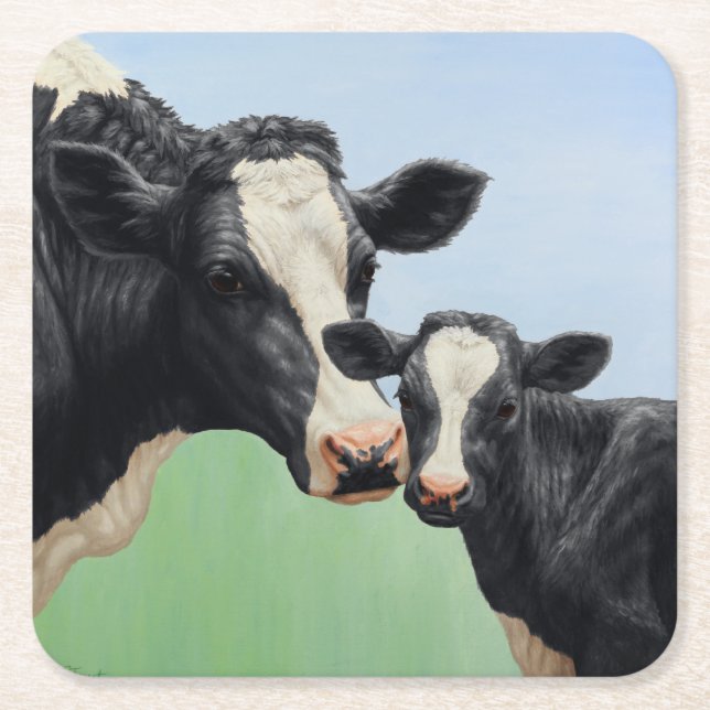 Black Holstein Cow & Cute Calf Underlägg Papper Kvadrat (Framsidan)