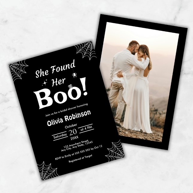 Black, hon hittade sin Boo Halloween-Möhippa Inbjudningar (Black She Found Her Boo Photo Halloween Bridal Shower Invitation )