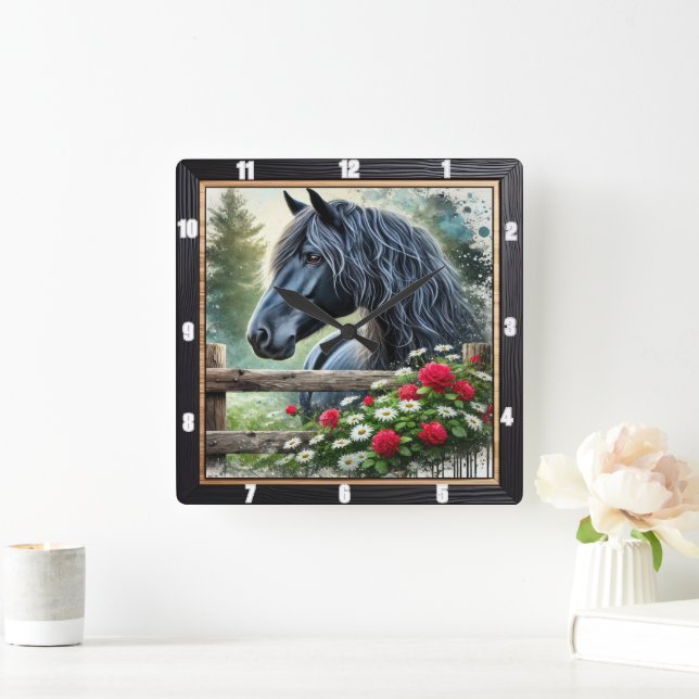 Black Horse Blommigt Decorative Fyrkantig Klocka (Hem)
