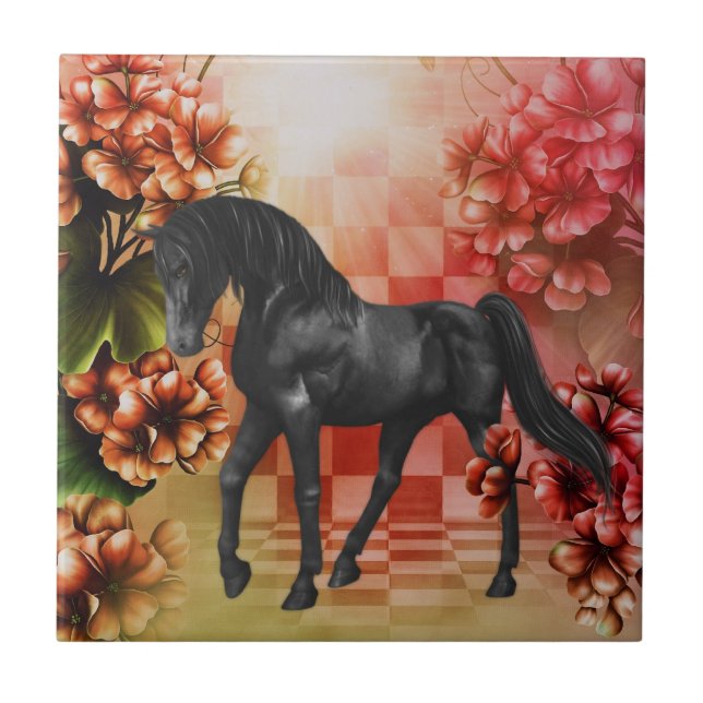 Black Horse Fantasy Flowers Animal Kakelplatta (Framsidan)