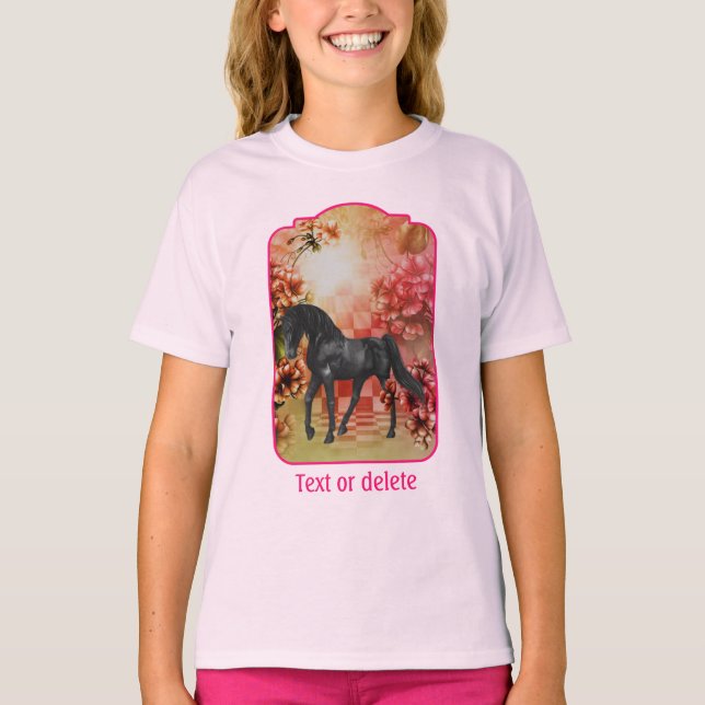 Black Horse Flowers Fantasy Art Personalized T Shirt (Framsida)