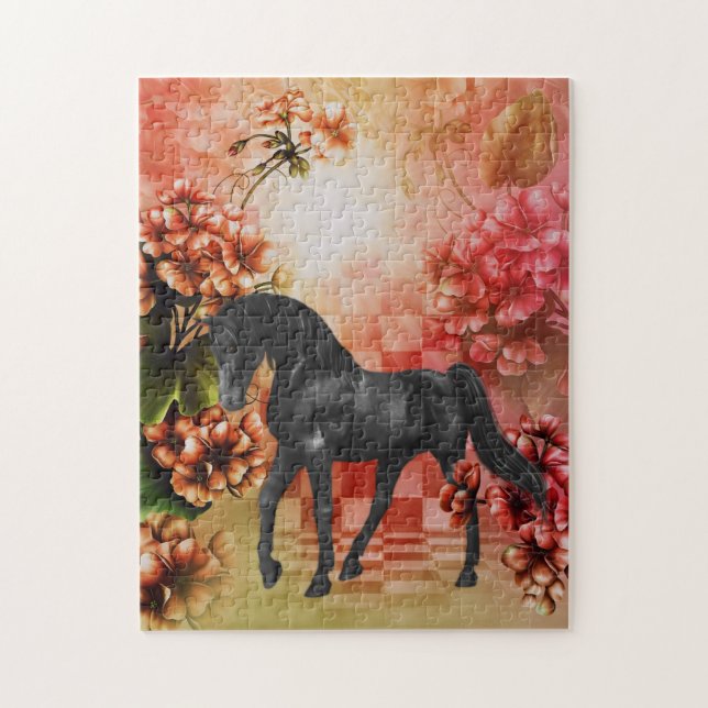 Black Horse Flowers Fantasy Art Pussel (Vertikal)