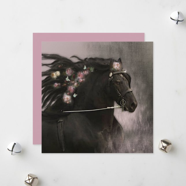 Black Horse Friesian - Greeting Card Julkort (Fram/Back In Situ)