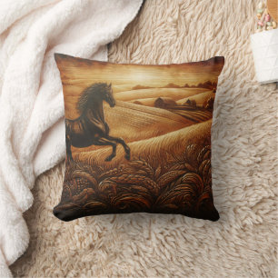 Black Horse Galloping vid Sunset Kudde