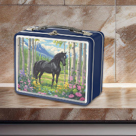 Black Horse Girls Flowers Meadow Rosa Blue Roligt