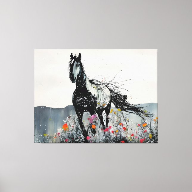 Black Horse i Wildblommor Canvastryck (Framsida)