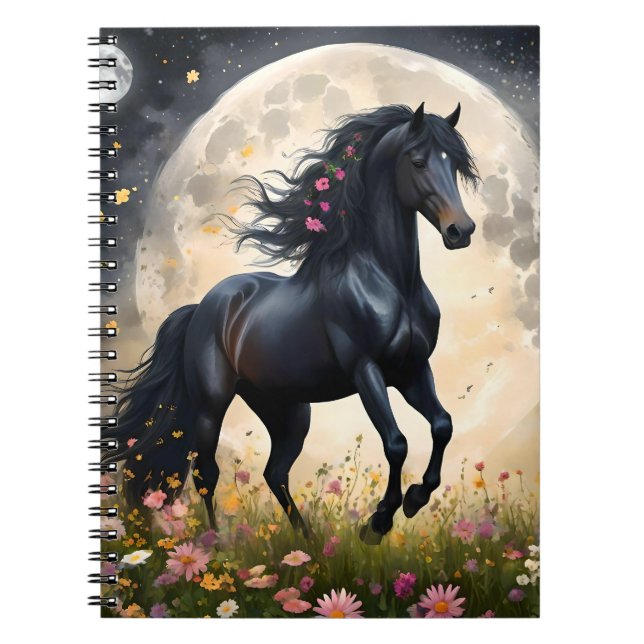 Black Horse Måne Flower Fält Anteckningsbok (Framsidan)