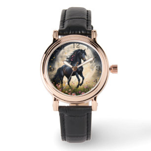 Black Horse Måne Flower Fält Armbandsur